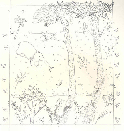 early sketch of Savi following banana trail